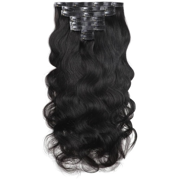 Natural Black Human Hair Body Wave 20 Inch Seamless Clip In Hair Extensions - Picture 1 of 11